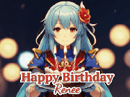 Happy Birthday Renee GIF: Anime girl holding a birthday cake and an animated sword falls into it. Text reads Happy Birthday Customize