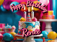 Happy Birthday Renee GIF: Animated birthday gif with a beautiful colorful birthday can and sparkles in the air. It reads Happy Birthday Customize.