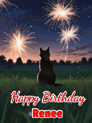 Happy Birthday Renee GIF: An animated gif at night showing the backside of a sitting cat who watches sparkle and fireworks over a meadow. Customize name and happy birthday.