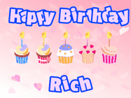 Happy Birthday Rich GIF: Pink animated birthday gif with 5 cupcakes and candles and animated text you can customize with name.