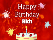 Happy Birthday Rich GIF: A bright red happy birthday gif animated with a cake candle, and glitter and sparkles. Customize with name.