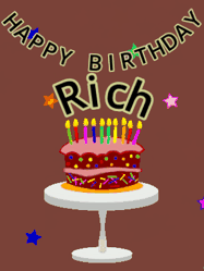 Happy Birthday Rich GIF: Animated birthday gif of a chocolate cartoon cake and stars. Animated text can be customized with name.