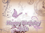 Happy Birthday Rich GIF: Classical birthday gif background with colorful musical notes floating past and a name you can customize, reads Happy Birthday.