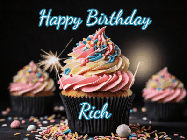 Happy Birthday Rich GIF: A delicious cupcake gif with animated sparkles reading Happy Birthday with a name to customize