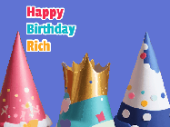 Happy Birthday Rich GIF: Animated happy birthday gif with showing 3 party hats and confetti bursting over them.