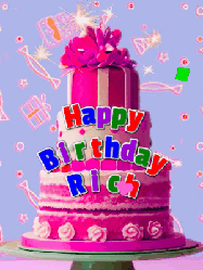 Happy Birthday Rich GIF: A big beautiful birthday cake gif with falling confetti, sparklers, and balloons, reads Happy Birthday Name. Customize it.