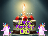 Happy Birthday Rich GIF: An animated gif with 2 unicorns and a birthday candle on a cake.