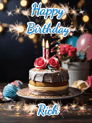 Happy Birthday Rich GIF: Sparkles and glitter happy birthday gif with a cake and flickering candles and sparklers behind the words happy birthday customize