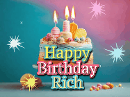 Happy Birthday Rich GIF: A colorful animated Happy Birthday Cake GIF with swirling sparkles and flickering candles. It reads Happy Birthday Name