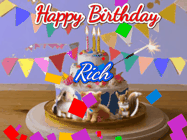 Happy Birthday Rich GIF: Happy Birthday Cake GIF with a cat, lamb, and squirrel on the cake with flickering candles, a sparkler, and falling confetti. Reads Happy Birthday Name and you can customize the name