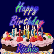 Happy Birthday Richie GIF: A dark blue birthday gif with a beautiful cake with flickering candles, background sparkles and a name to customize.