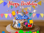 Happy Birthday Richie GIF: Happy Birthday Cake GIF with a cat, lamb, and squirrel on the cake with flickering candles, a sparkler, and falling confetti. Reads Happy Birthday Name and you can customize the name
