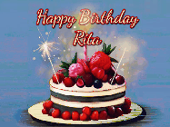 Happy Birthday Rita GIF: Animated GIF of a birthday cake covered in berries with 2 sparklers and a candle, reads Happy Birthday Name. Customize it.
