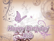 Happy Birthday Rob GIF: Classical birthday gif background with colorful musical notes floating past and a name you can customize, reads Happy Birthday.