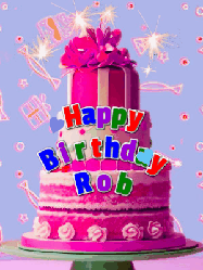 Happy Birthday Rob GIF: A big beautiful birthday cake gif with falling confetti, sparklers, and balloons, reads Happy Birthday Name. Customize it.