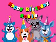 Happy Birthday Robin GIF: Four cute cartoon animal friends excited to be on this happy birthday gif that's ready to customize.