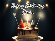 Happy Birthday Robin GIF: Animated birthday cake gif with sparklers on a dark background. Personalize up to 3 lines of text.