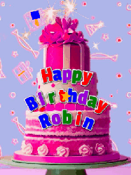 Happy Birthday Robin GIF: A big beautiful birthday cake gif with falling confetti, sparklers, and balloons, reads Happy Birthday Name. Customize it.