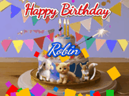 Happy Birthday Robin GIF: Happy Birthday Cake GIF with a cat, lamb, and squirrel on the cake with flickering candles, a sparkler, and falling confetti. Reads Happy Birthday Name and you can customize the name