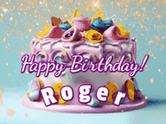 Happy Birthday Roger GIF: A beautiful birthday cake gif with animated sparkles and glitter Happy Birthday Name you can customize