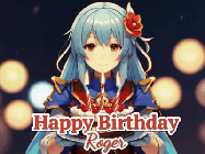 Happy Birthday Roger GIF: Anime girl holding a birthday cake and an animated sword falls into it. Text reads Happy Birthday Customize