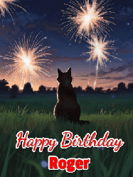 Happy Birthday Roger GIF: An animated gif at night showing the backside of a sitting cat who watches sparkle and fireworks over a meadow. Customize name and happy birthday.