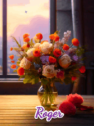 Happy Birthday Roger GIF: A vase of flowers and animated hearts pop in and out as the words Happy Birthday Name appears that you can customize