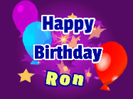Happy Birthday Ron GIF: A lovely purple birthday gif animated with moving text, a balloon, and bubbles. Customize it.