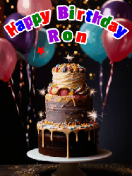 Happy Birthday Ron GIF: Beautiful birthday cake animated gif, a celebration of balloons, confetti, and sparklers. Customize banner and name.