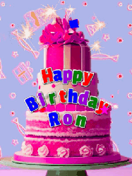 Happy Birthday Ron GIF: A big beautiful birthday cake gif with falling confetti, sparklers, and balloons, reads Happy Birthday Name. Customize it.