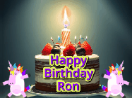 Happy Birthday Ron GIF: An animated gif with 2 unicorns and a birthday candle on a cake.