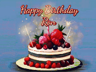 Happy Birthday Ron GIF: Animated GIF of a birthday cake covered in berries with 2 sparklers and a candle, reads Happy Birthday Name. Customize it.