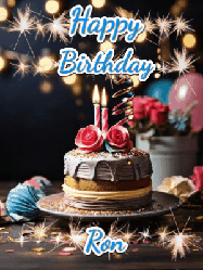 Happy Birthday Ron GIF: Sparkles and glitter happy birthday gif with a cake and flickering candles and sparklers behind the words happy birthday customize