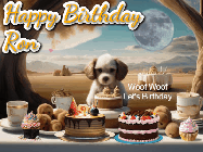Happy Birthday Ron GIF: Animated birthday gif with a dog at a fancy birthday table loaded with cakes as hearts appear. It reads Happy Birthday Customize.
