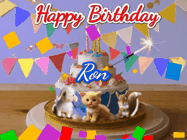 Happy Birthday Ron GIF: Happy Birthday Cake GIF with a cat, lamb, and squirrel on the cake with flickering candles, a sparkler, and falling confetti. Reads Happy Birthday Name and you can customize the name