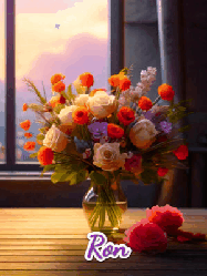 Happy Birthday Ron GIF: A vase of flowers and animated hearts pop in and out as the words Happy Birthday Name appears that you can customize