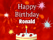 Happy Birthday Ronald GIF: A bright red happy birthday gif animated with a cake candle, and glitter and sparkles. Customize with name.