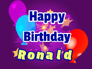 Happy Birthday Ronald GIF: A lovely purple birthday gif animated with moving text, a balloon, and bubbles. Customize it.