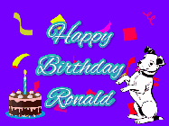 Happy Birthday Ronald GIF: Silly happy birthday gif with a cute dog in a corner and rainbow animation confetti. Birthday cake in order with candle.