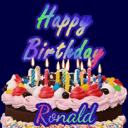 Happy Birthday Ronald GIF: A dark blue birthday gif with a beautiful cake with flickering candles, background sparkles and a name to customize.