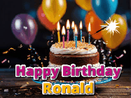 Happy Birthday Ronald GIF: A birthday cake with flickering candles gif with text reading Happy Birthday and a Name slot to customize