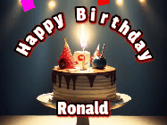 Happy Birthday Ronald GIF: Animated happy birthday gif with a cake and flickering candles with colorful falling confetti and text reading Happy Birthday