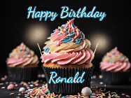 Happy Birthday Ronald GIF: A delicious cupcake gif with animated sparkles reading Happy Birthday with a name to customize
