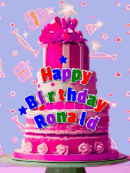 Happy Birthday Ronald GIF: A big beautiful birthday cake gif with falling confetti, sparklers, and balloons, reads Happy Birthday Name. Customize it.