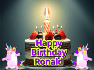 Happy Birthday Ronald GIF: An animated gif with 2 unicorns and a birthday candle on a cake.