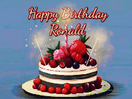 Happy Birthday Ronald GIF: Animated GIF of a birthday cake covered in berries with 2 sparklers and a candle, reads Happy Birthday Name. Customize it.