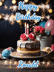 Happy Birthday Ronald GIF: Sparkles and glitter happy birthday gif with a cake and flickering candles and sparklers behind the words happy birthday customize