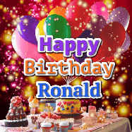 Happy Birthday Ronald GIF: Animated happy birthday gif on a bright red glittery background and 3 lines of text reading Happy Birthday Customize
