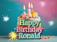 Happy Birthday Ronald GIF: A colorful animated Happy Birthday Cake GIF with swirling sparkles and flickering candles. It reads Happy Birthday Name