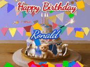 Happy Birthday Ronald GIF: Happy Birthday Cake GIF with a cat, lamb, and squirrel on the cake with flickering candles, a sparkler, and falling confetti. Reads Happy Birthday Name and you can customize the name